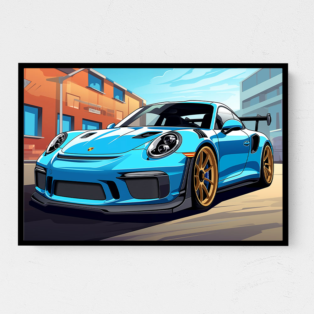 Blue Porsche 911 GT3 RS Cartoon Style 3 Wall Art